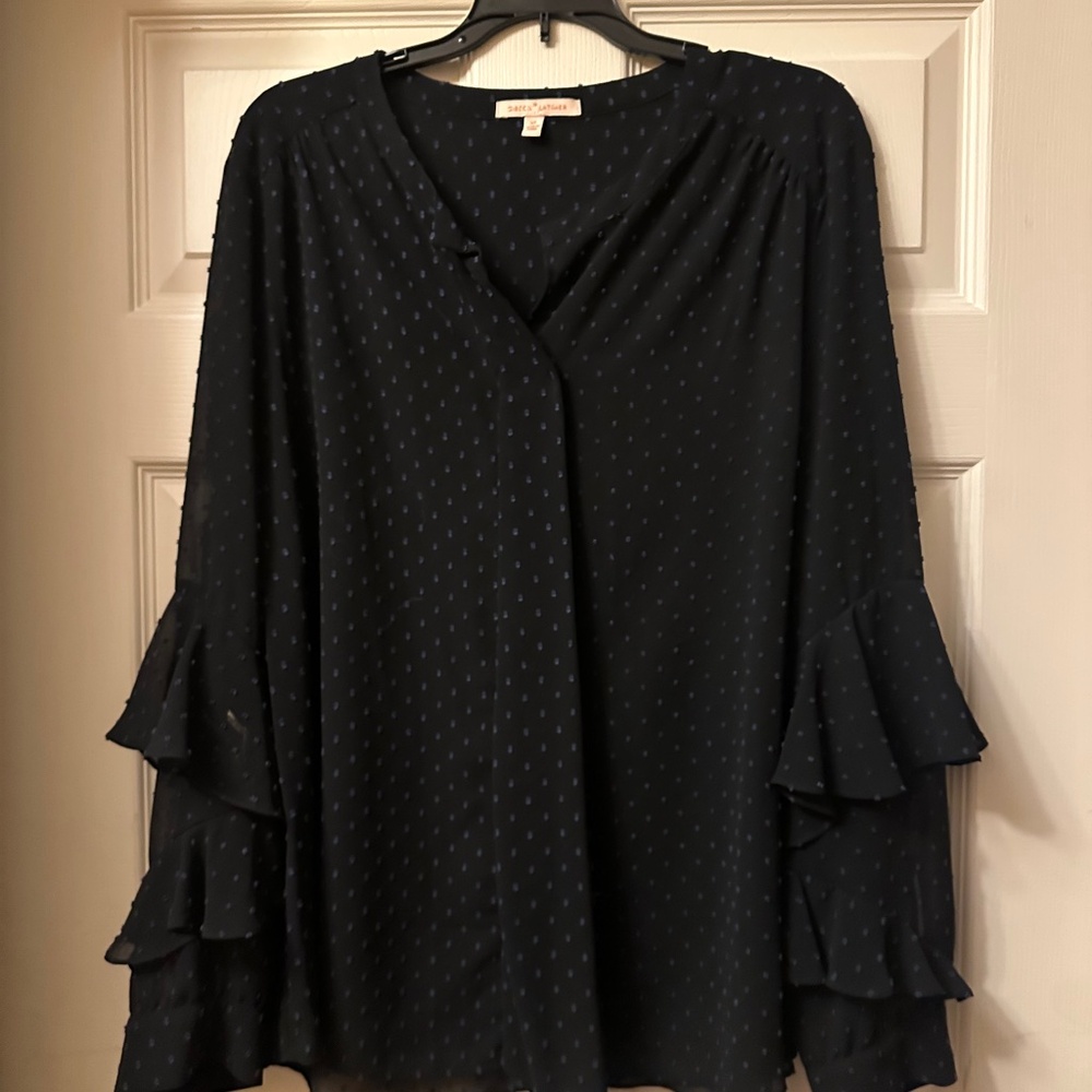 Gibson Latimer || SizeXL || Blue Ruffle Sleeve Blouse Textured Dot Sheer V-Neck